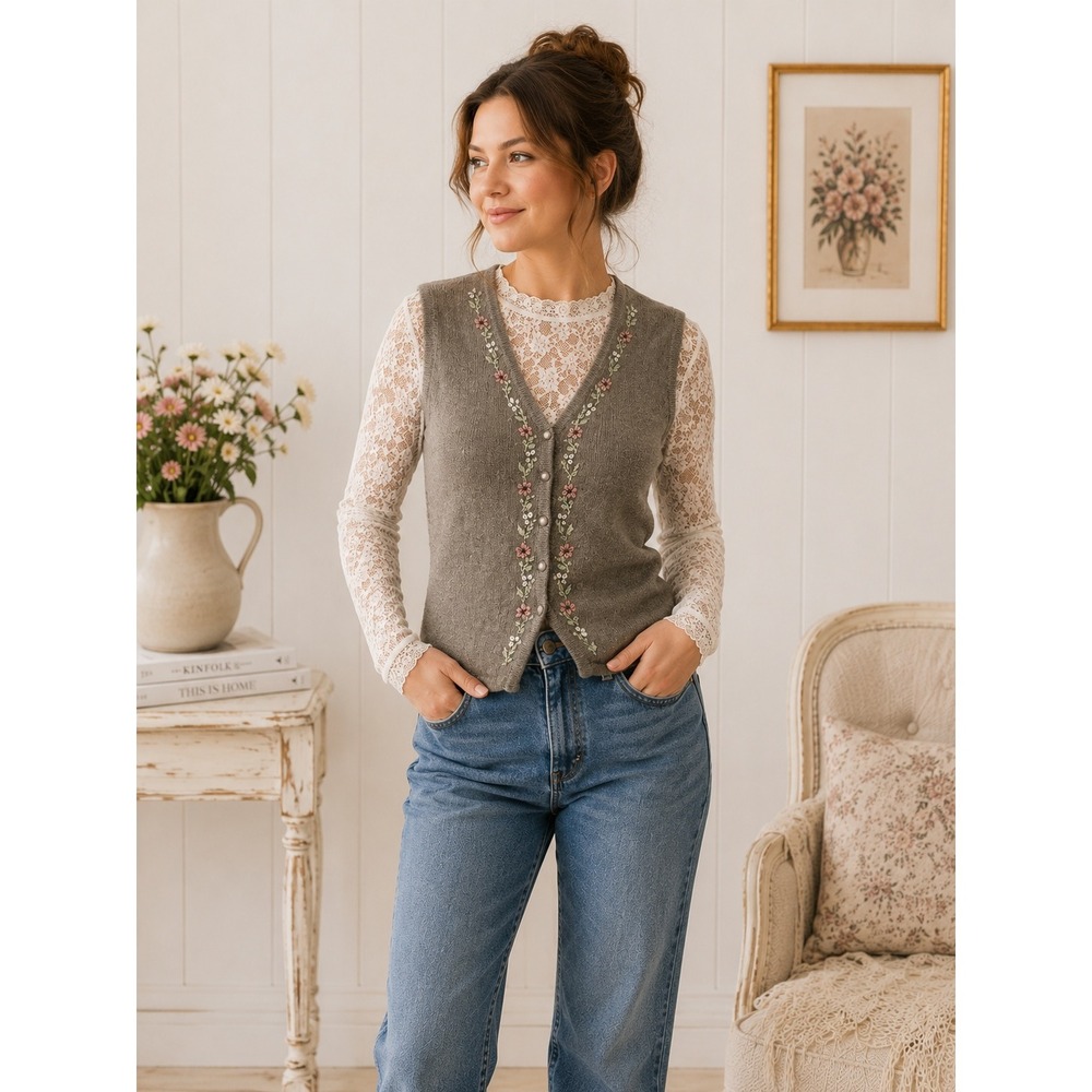 JH Collectibles Sweater Vest Womens Medium Taupe Floral Embroidered Linen Vtg